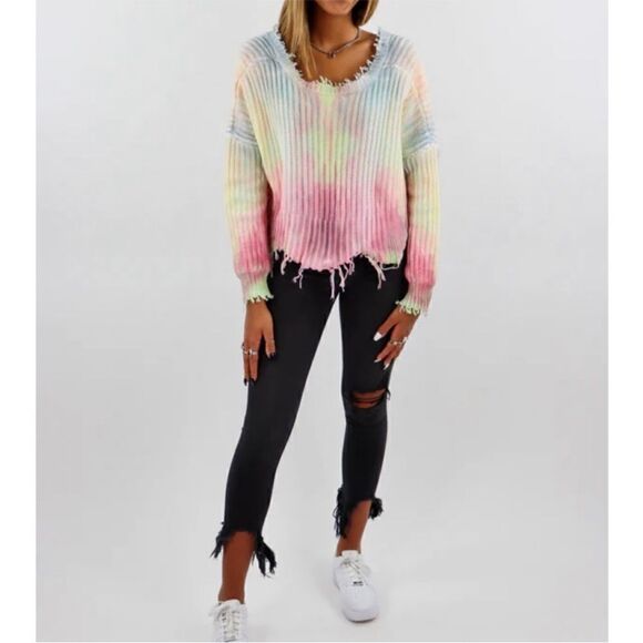 Skylar + Madison Tie Dye Distressed Crop Sweater Medium Reversible Fringe Grunge - Picture 16 of 16